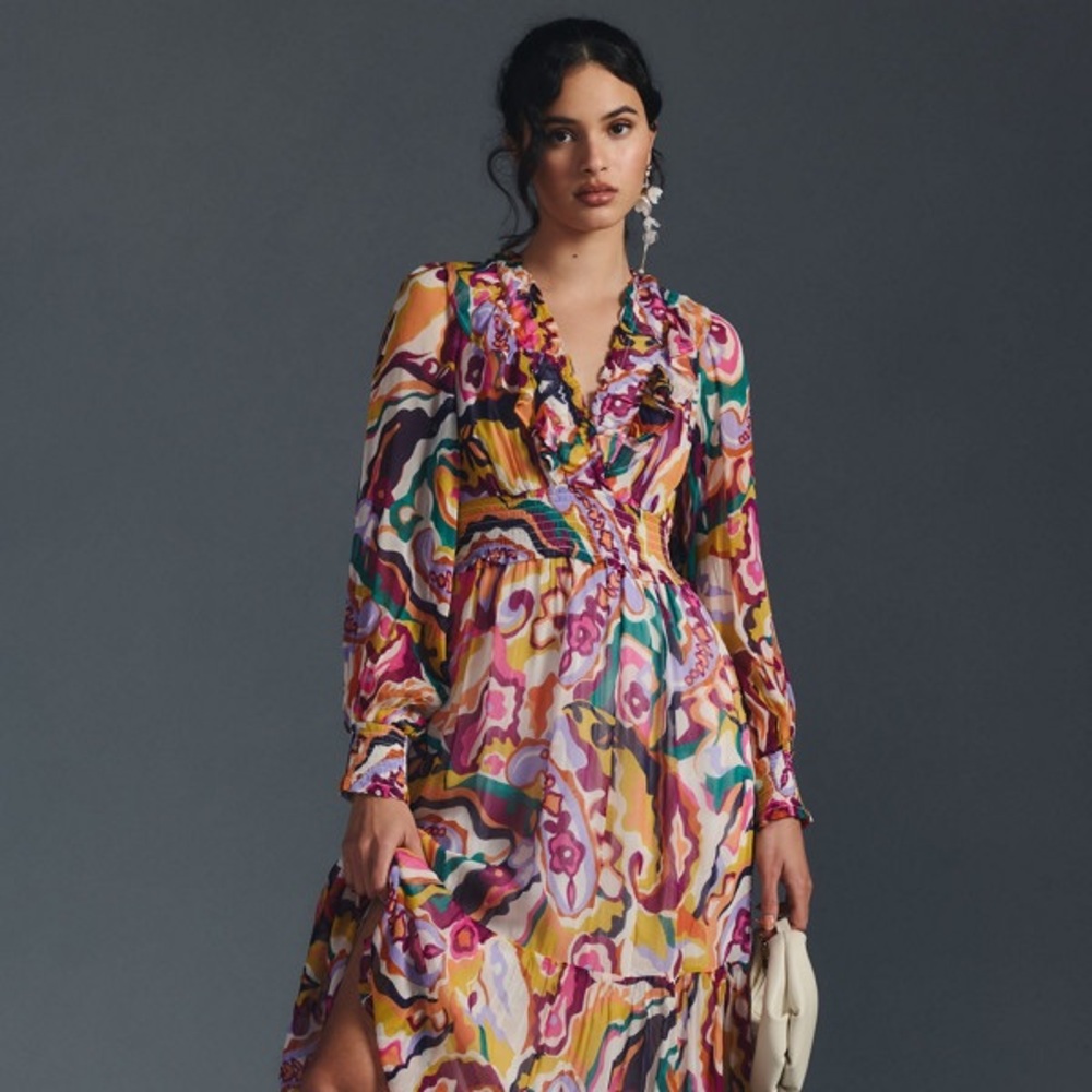 Anthropologie Vibrant Long Sleeve Maxi Dress paisley bright colors sheer small